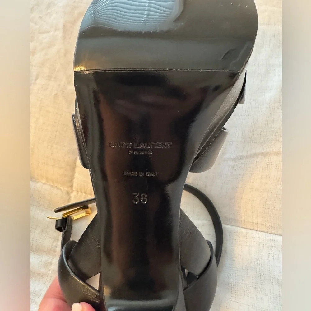 Saint Laurent Black Leather Strappy Platform Heels with Gold Logo - Picture 5 of 14